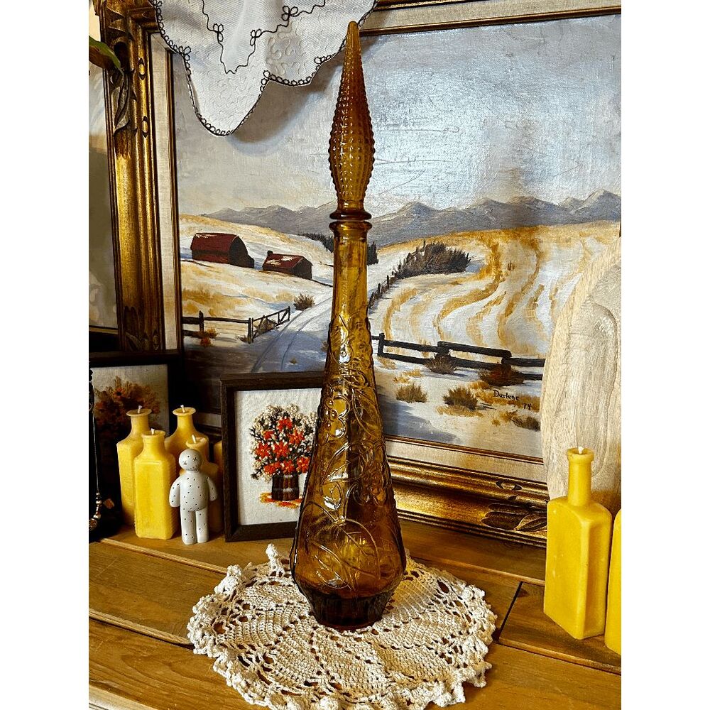 Vintage Amber Glass Italian Empoli Decanter - Grapes & Cherries Design - MCM Gen